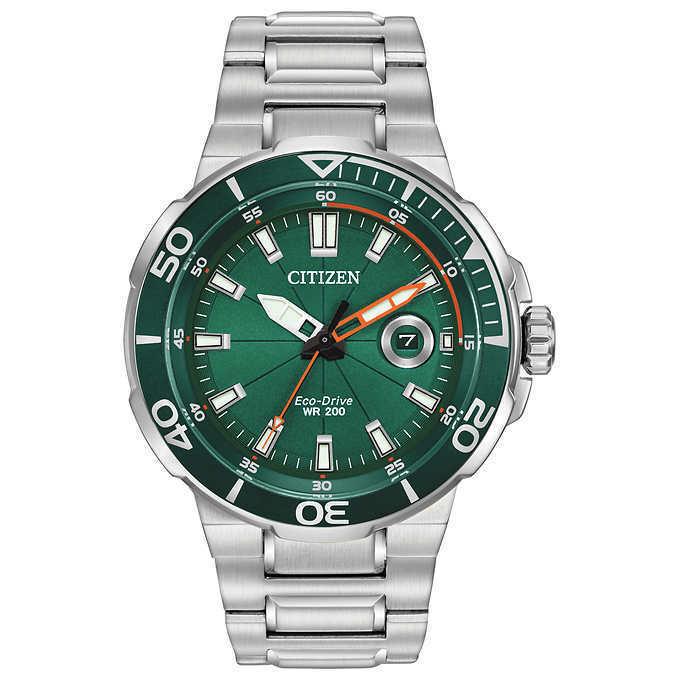 Citizen AW1428-53X Eco-drive Endeavor Stainless Steel Green Dial Men`s Watch - Green Dial, Silver Band, Green Bezel
