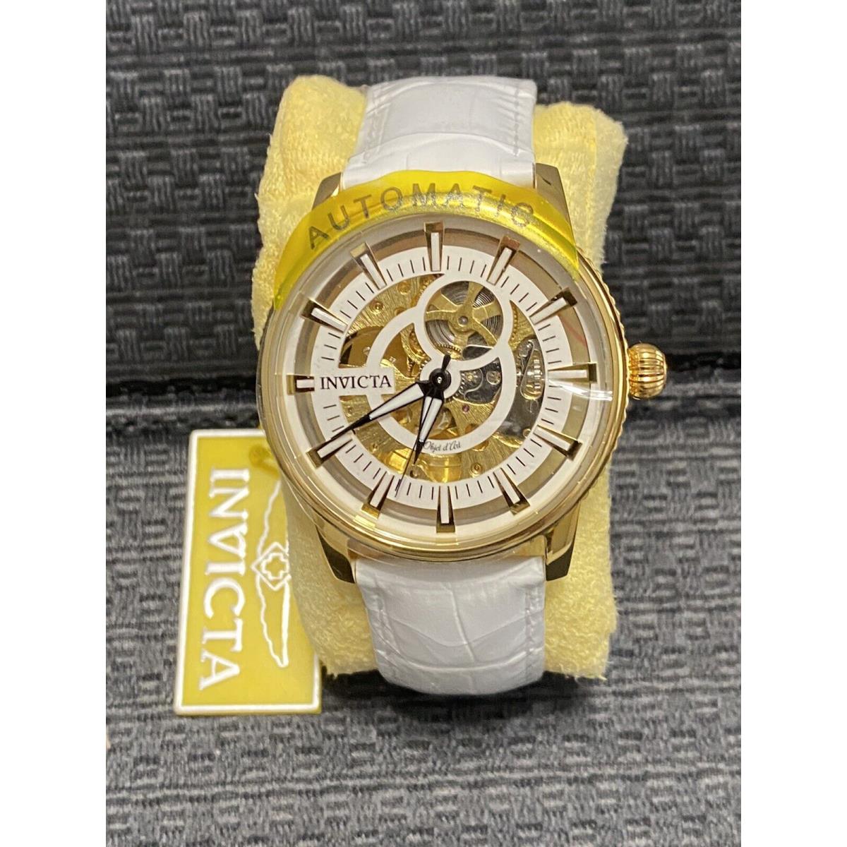 Invicta 42mm Objet D Art Automatic Skeleton Dial White Leather Strap Watch