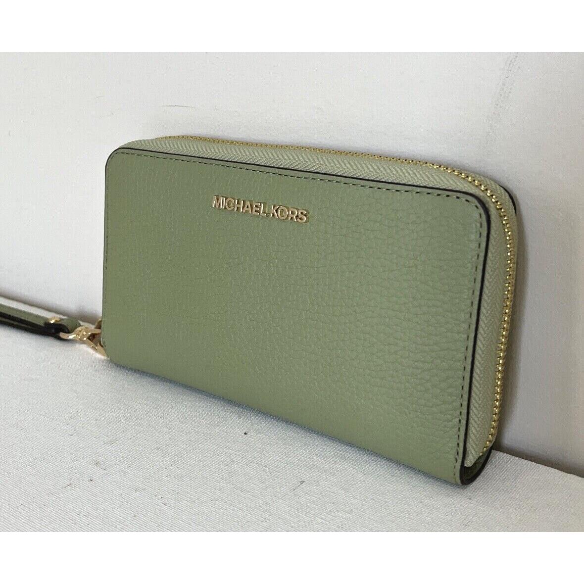 Michael Kors Jet Set Travel Large Flat Phone Case Leather Wallet Light Sage