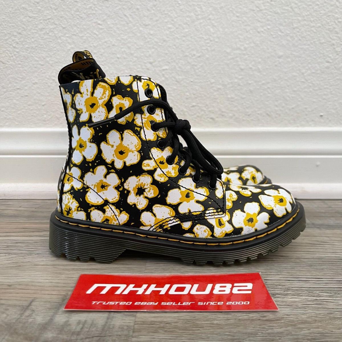 Dr. Martens Junior 1460 Pansy Fayre Lace Up Boots Shoes Black Yellow Size 1Y