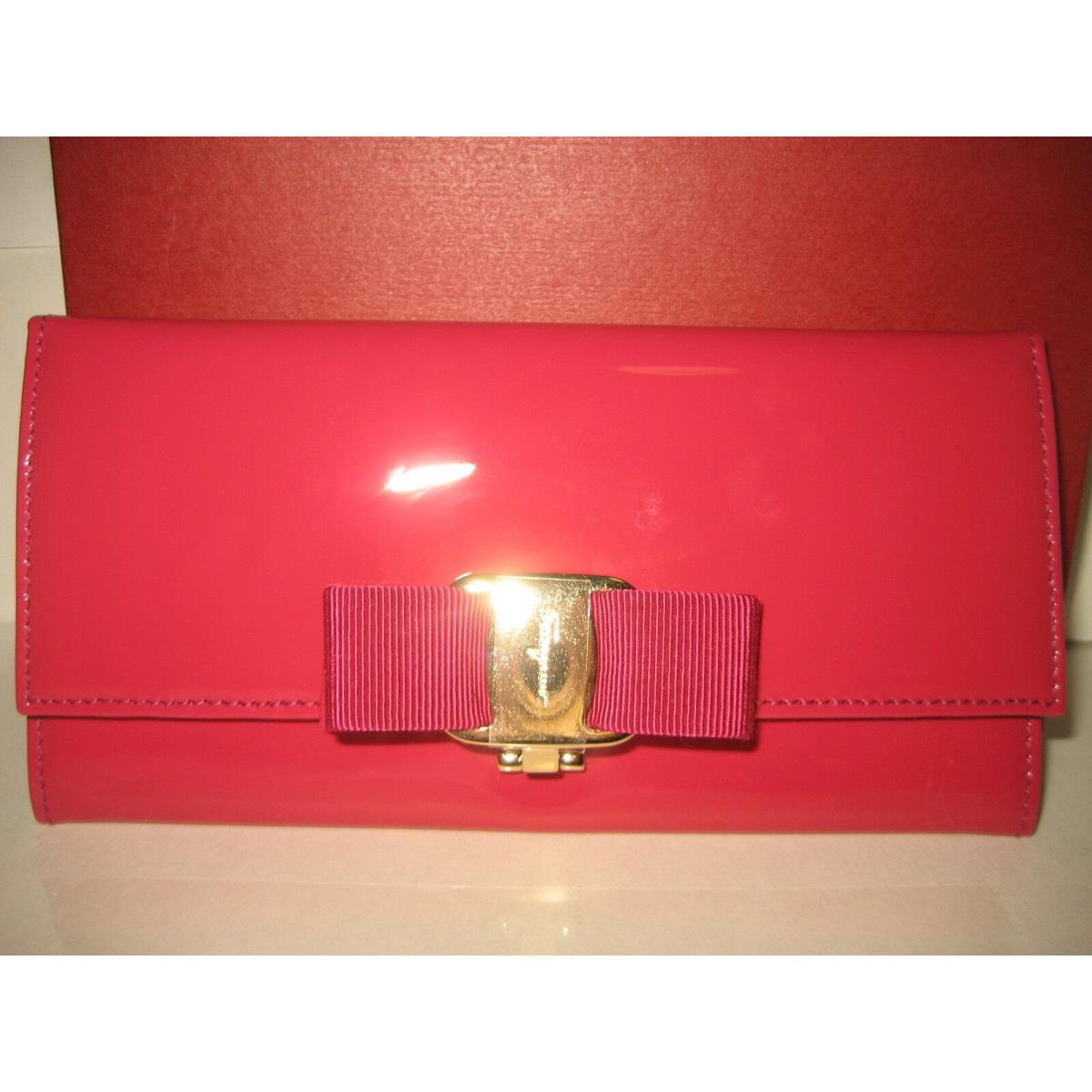 Salvatore Ferragamo Dark Pink Patent Leather Wallet Gold Logo Vara Bow