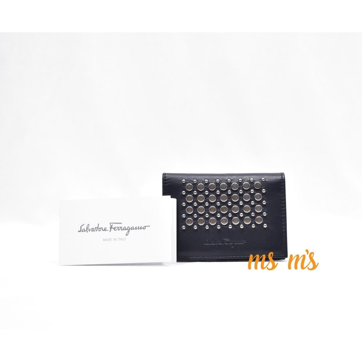 Salvatore Ferragamo Navy Blue Leather Studded Credit Card Case Holder Wallet