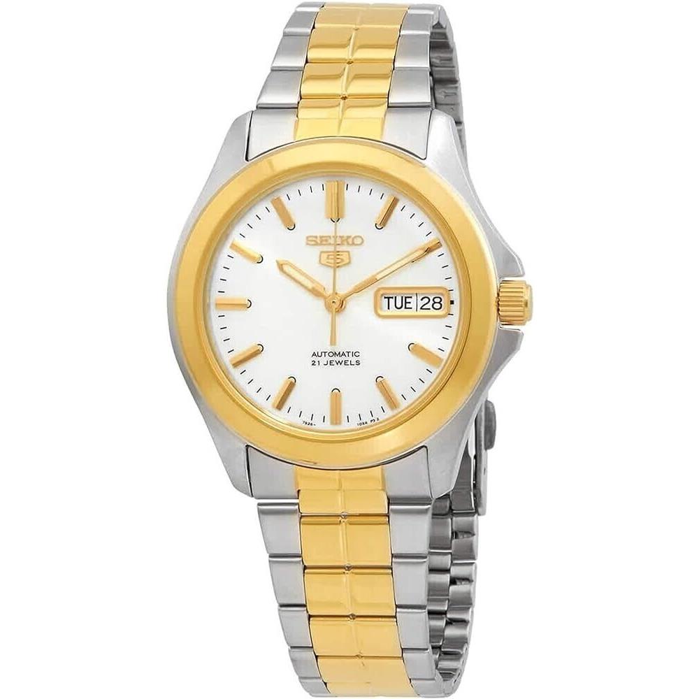 Men`s Seiko 5 Two-tone White Dial Automatic Watch 21 Jewels SNKK94K1 - Dial: White, Band: Two-Tone, Bezel: Gold-Tone