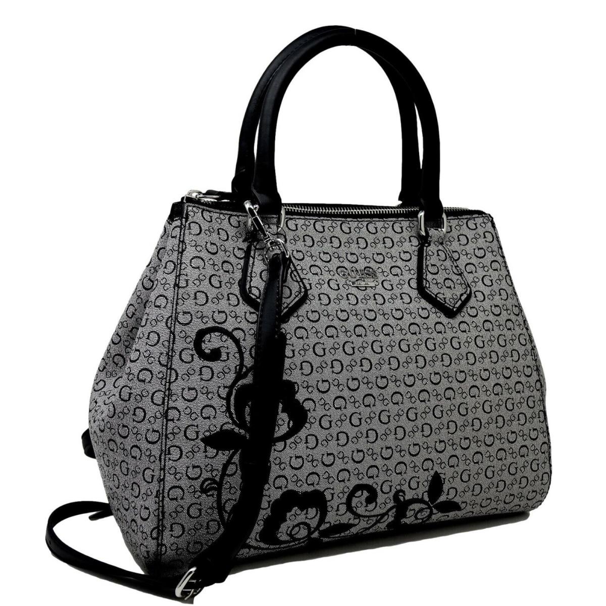 Guess Women`s Curran Black Logo Print Floral Embroidered Satchel Handbag Purse