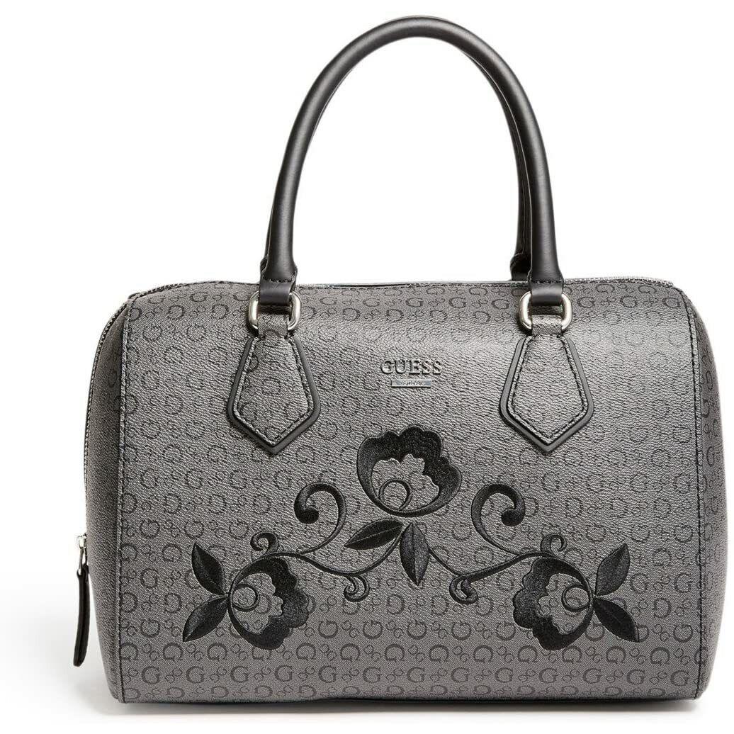 Guess Women`s Curran Coal Black Logo Floral Embroidered Satchel Handbag Purse - Exterior: Black