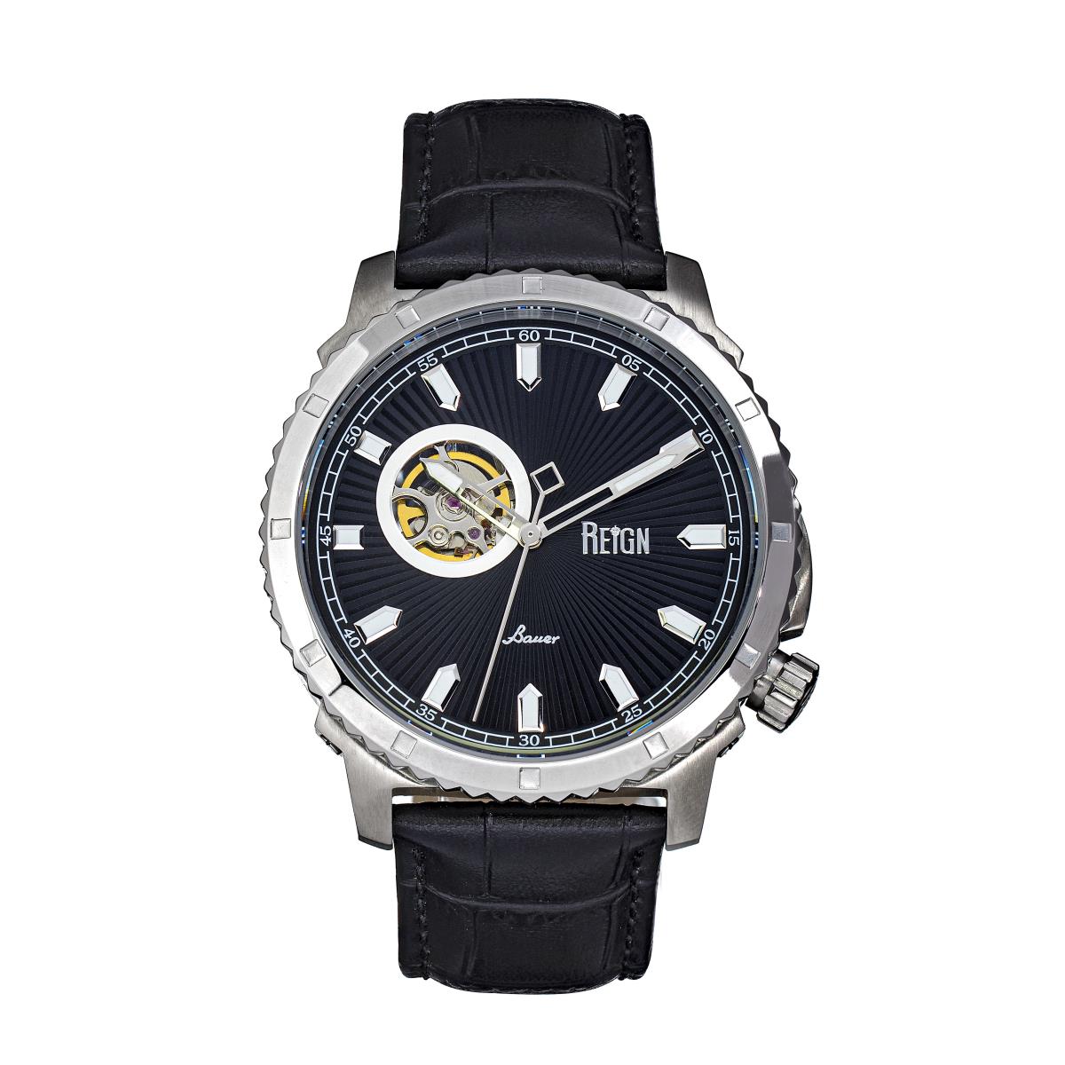 Reign Bauer Automatic Semi-skeleton Leather-band Watch - Silver/black