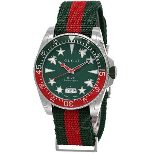 Gucci Dive 45MM Quartz Green Dial Nylon Strap Men`s Watch YA136339 - Green Dial, Red Band, Red Bezel