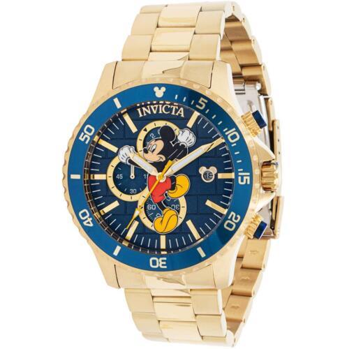 Invicta Men`s Watch Disney Mickey Mouse Chronograph Yellow Gold Bracelet 39519 - Blue, Black, Red, Yellow Dial, Yellow Band