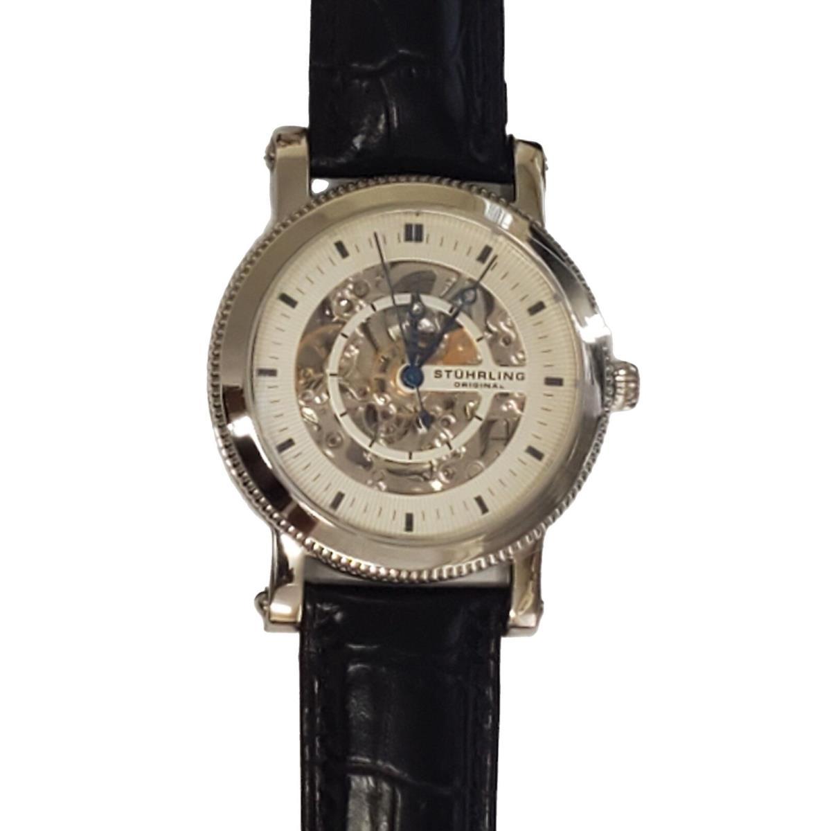 Stuhrling 20 Jewels Lexus Automatic Skeleton Black Leather Mens Watch