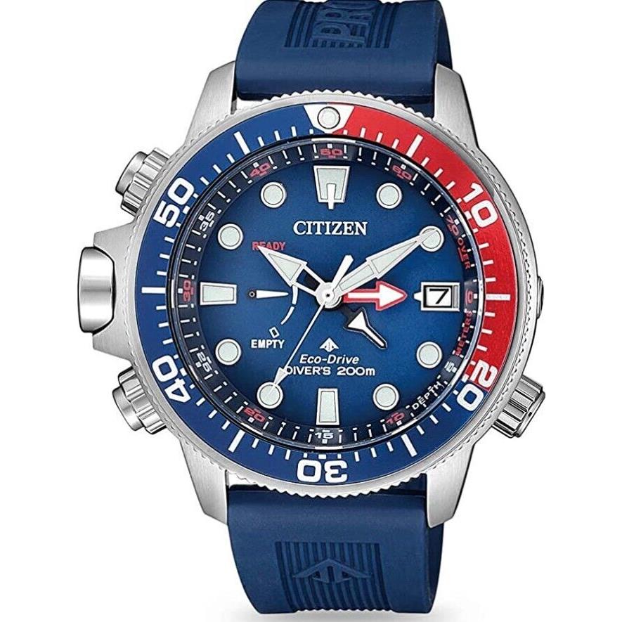 Citizen Men`s Eco-drive Promaster Aqualand Blue Red Watch - BN2038-01L - Blue Dial, Blue Band, Blue Bezel
