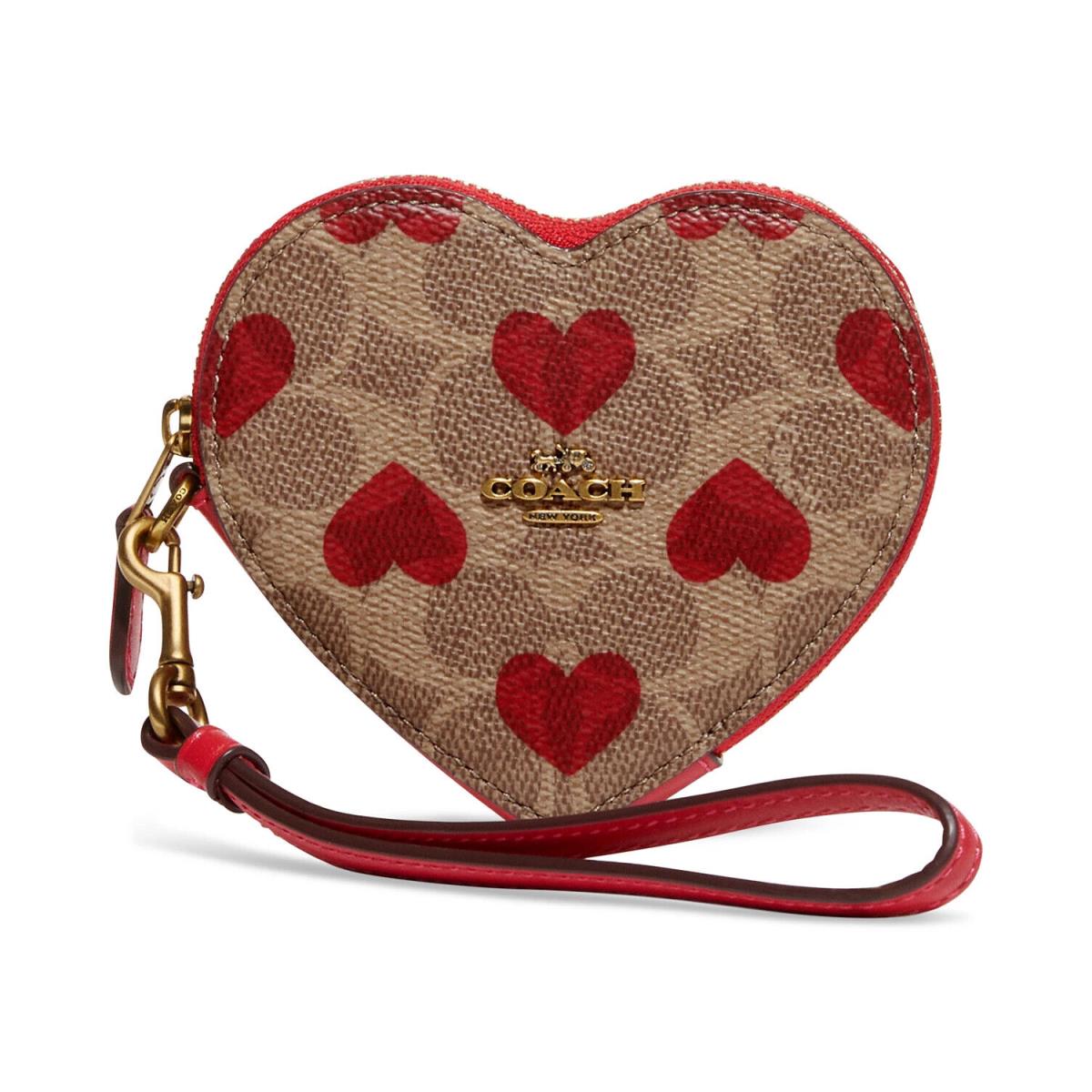 Coach Coated Canvas Signature Heart Print Coin Case Wristlet -tan Red Apple