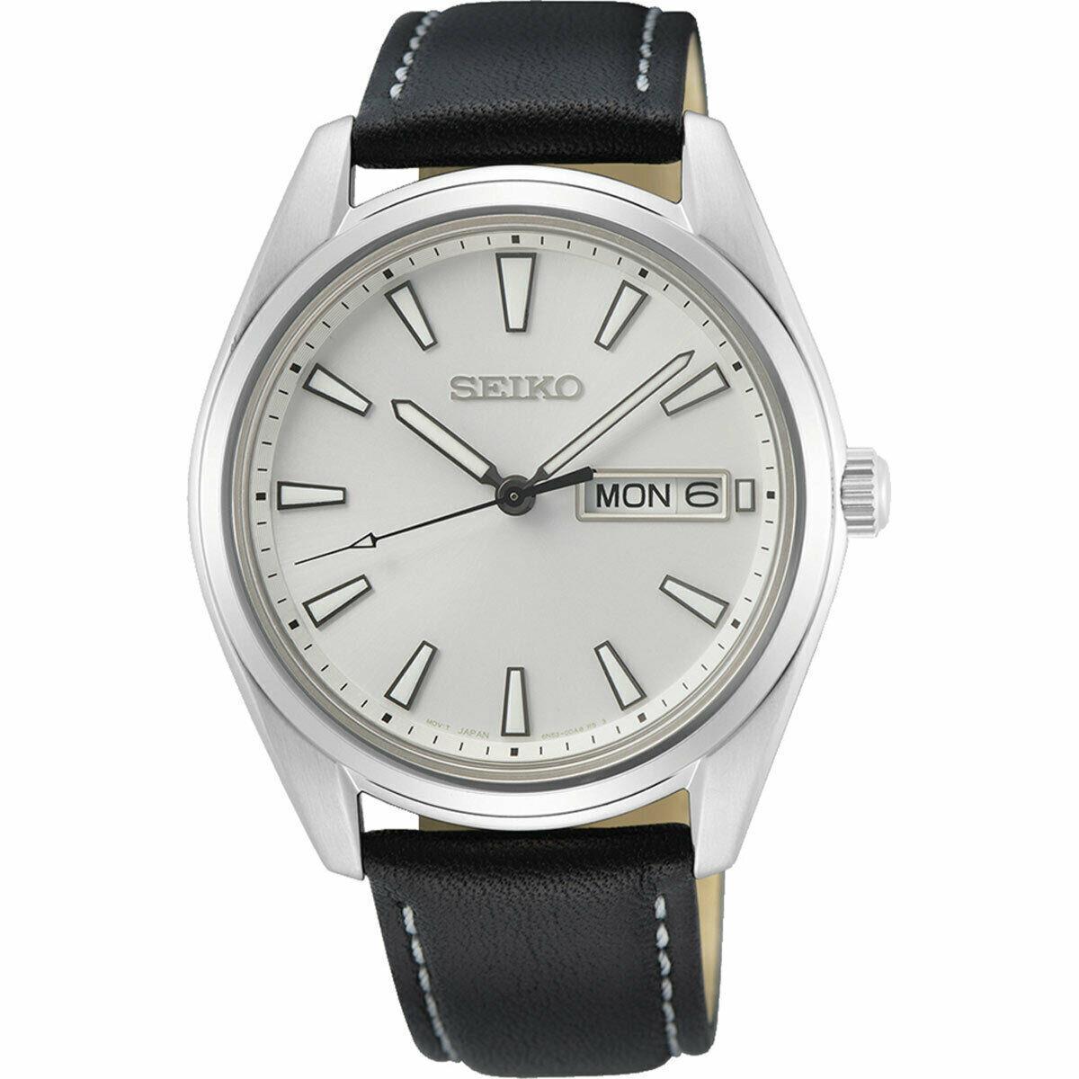 Seiko Men`s Essentials Silver Dial Black Leather Strap Watch SUR447