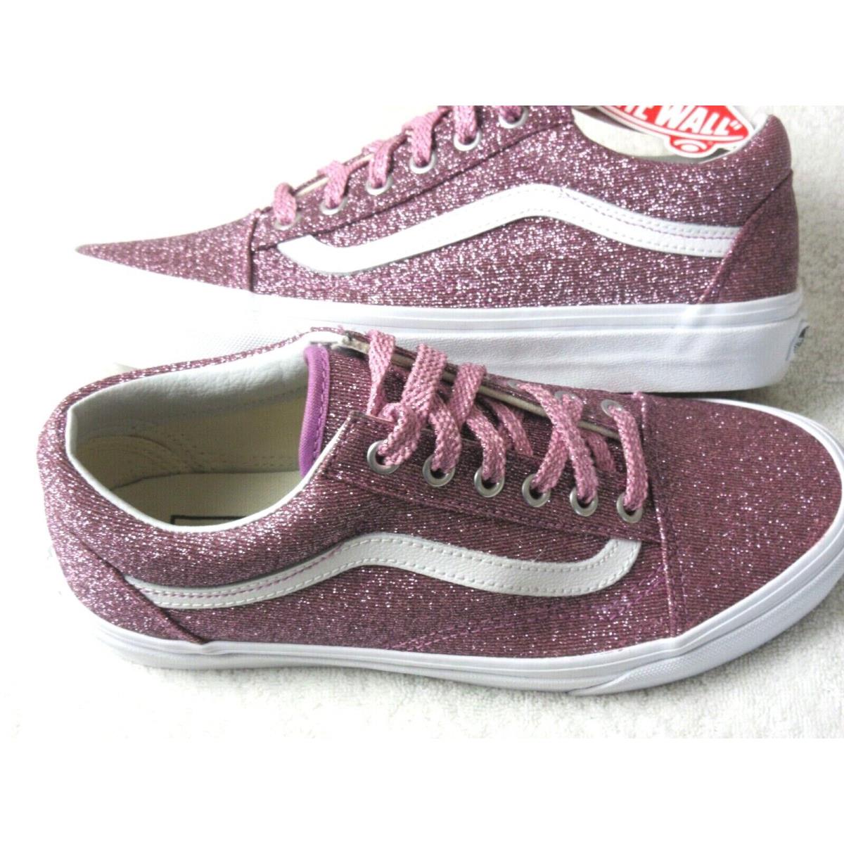 Vans Women`s Old Skool Lurex Glitter Pink True White Striped Shoes Size 7.5