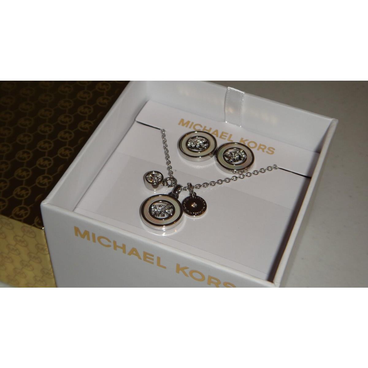 Michael Kors Gift Set Crystal MK Logo Silver Pearl Necklace Earrings +mk Box