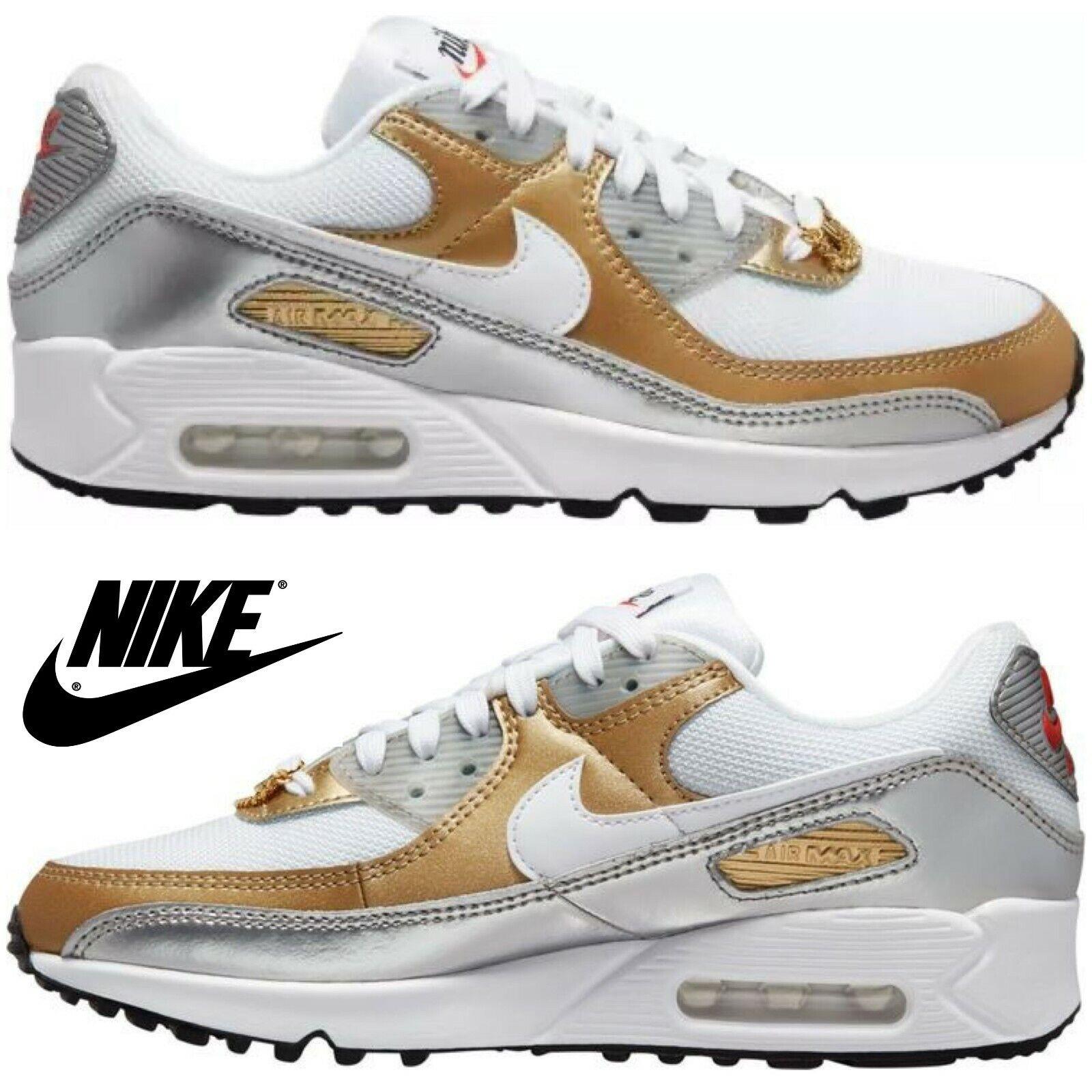 Nike Air Max 90 Women s Sneakers Casual Shoes Premium Running Sport Gold White
