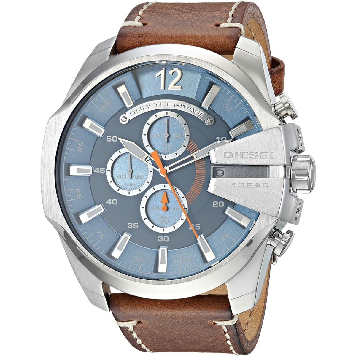 Diesel Mega Chief Chronograph Date Brown Leather Strap Men`s Watch DZ4458