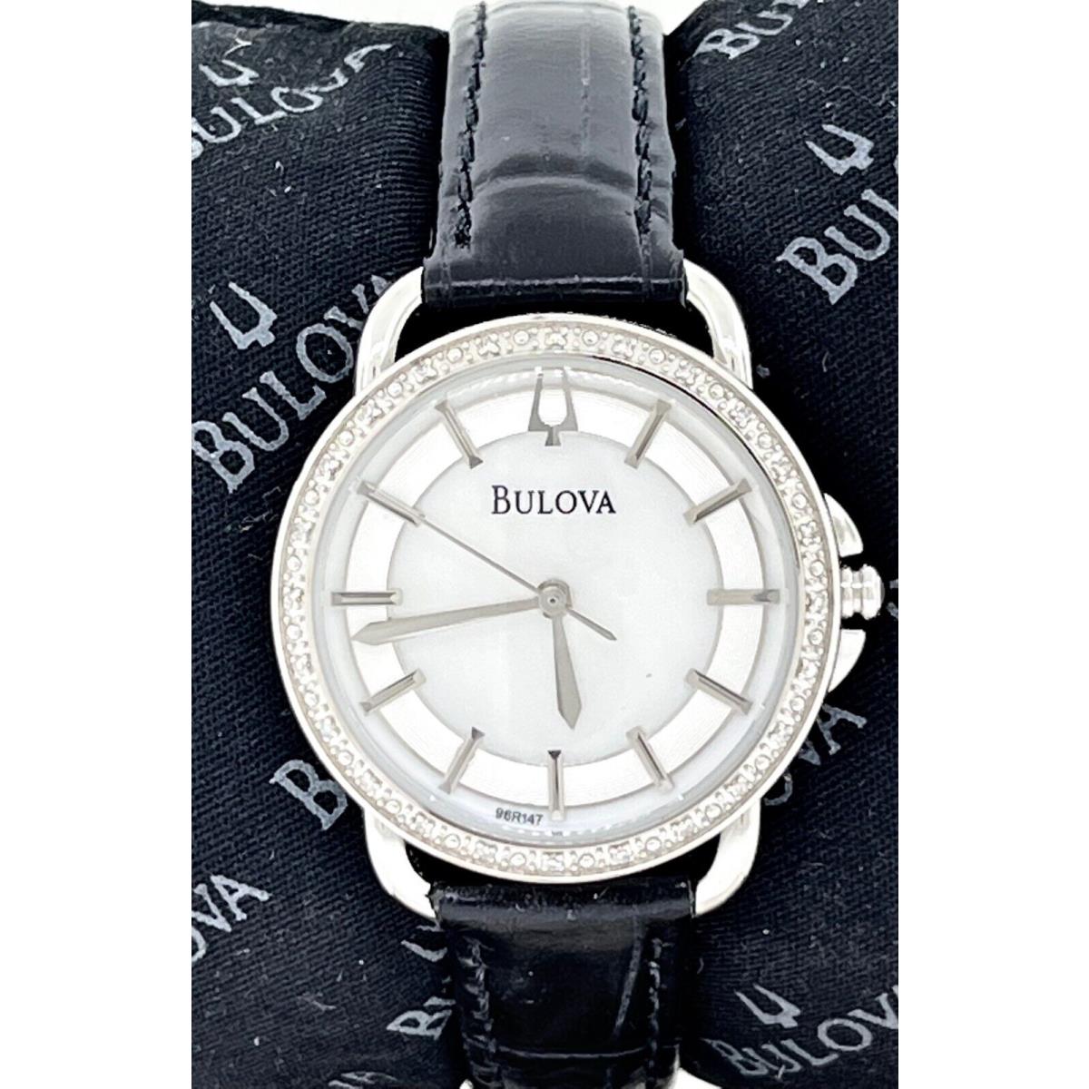 Ladies Bulova 96R147 Diamond Bezel Stainless Steel Watch W/black Leather Strap