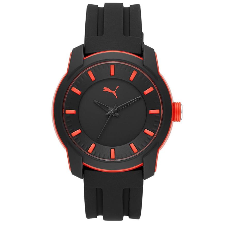 Puma Unisex Watch P6007 Black Silicon Strap Red Logo Indexes Case 45mm