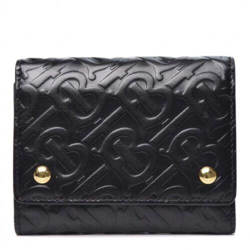 Burberry Calfskin Embossed Monogram Tri-fold Compact Wallet Black- Made in Italy