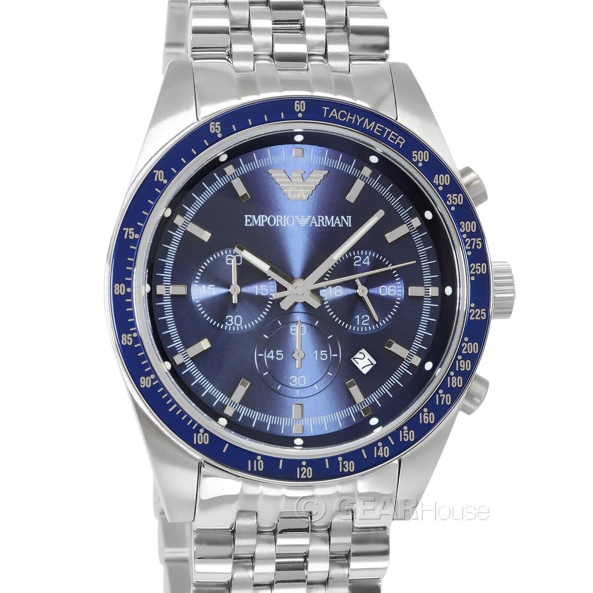 Emporio Armani Mens Sportivo Chronograph Watch Blue Dial Stainless Steel B - Blue Dial, Silver Band, Blue Bezel