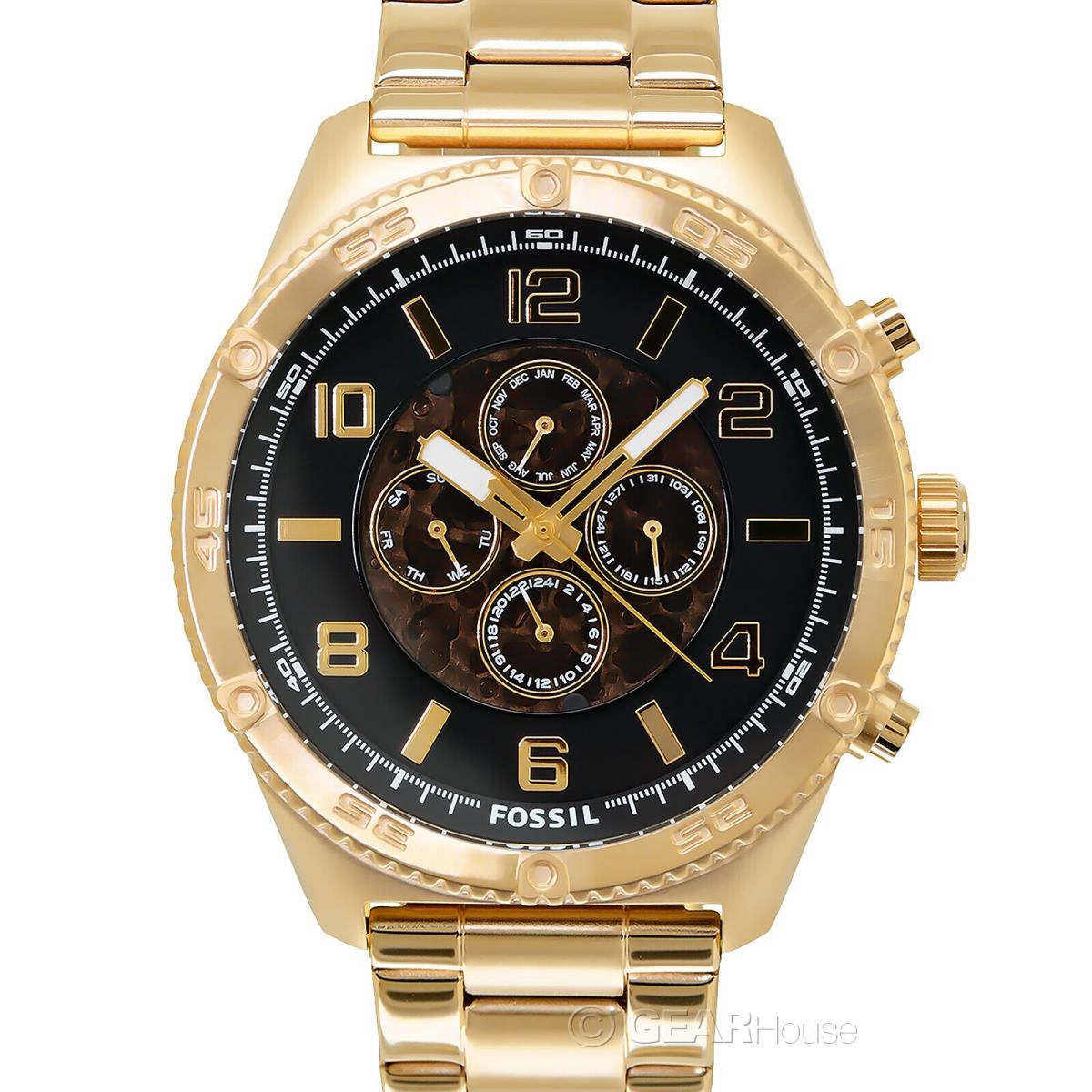 Fossil Brox Mens Automatic Multifunction Watch Gold Stainless Steel Black Dial