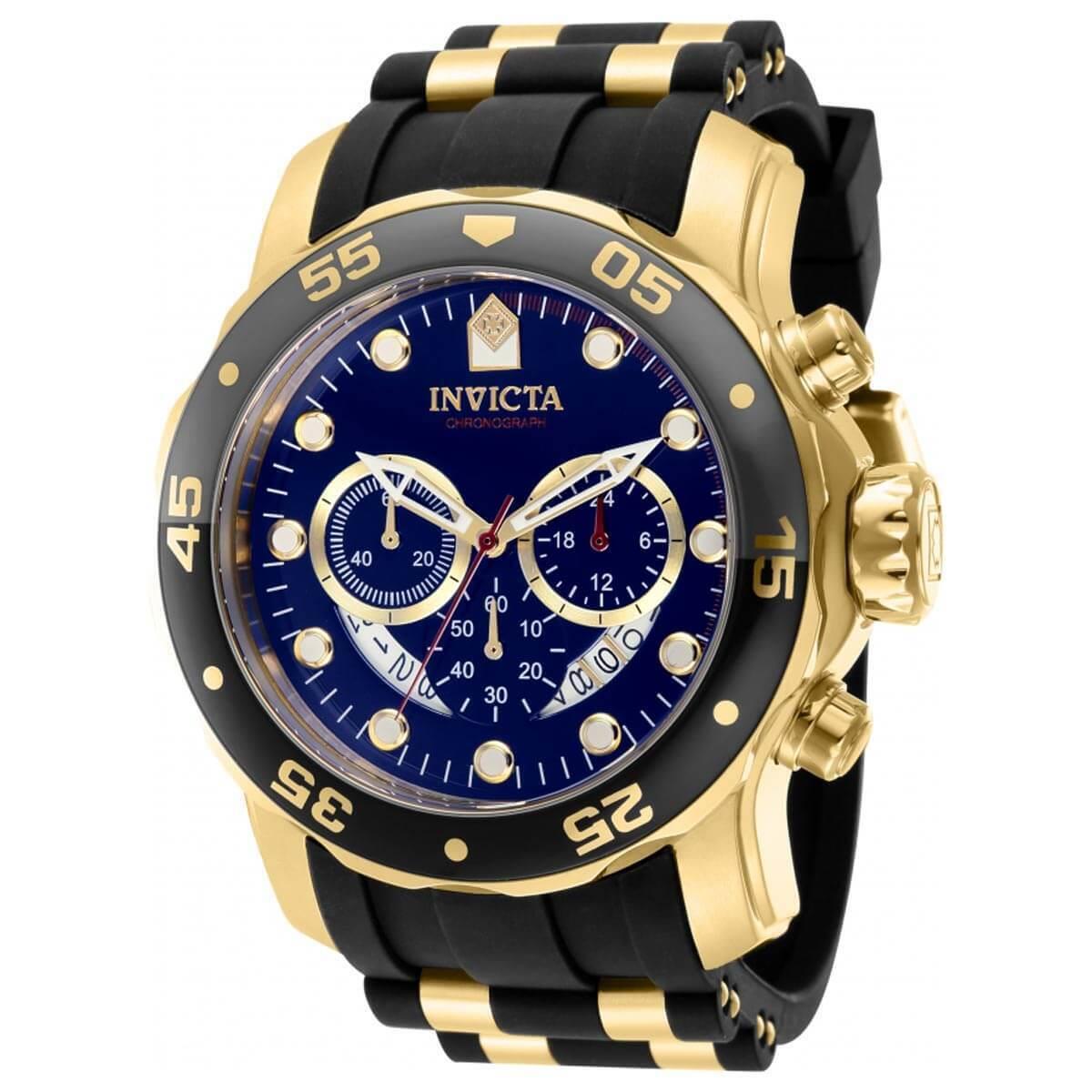 Invicta Men`s Watch Pro Diver Scuba Chrono Black and Yellow Gold Strap 37229 - Dial: Blue, Band: Yellow, Black