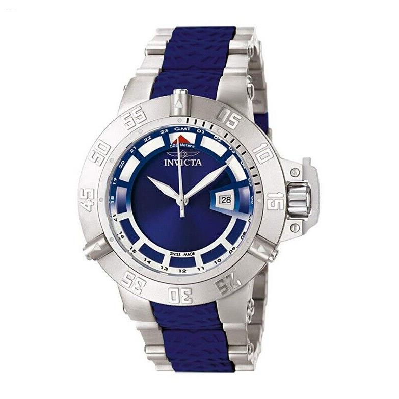 Invicta Subaqua Noma Iii Gmt 500m Blue Dial Silver Steel Men`s Watch 6506 Rare - Blue Dial, Silver Band, Blue Bezel