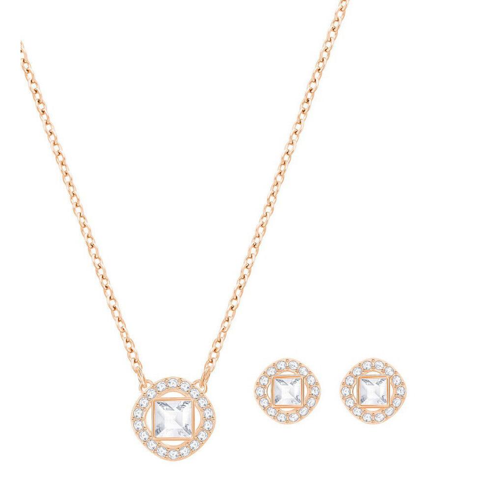 Swarovski Angelic Square Pendant Necklace Earring Jewelry Set Rhodium Plated