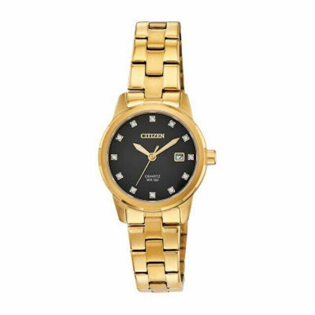 Citizen EU6072-56E Gold Tone Black Date Dial Womens Diamond Dress Watch