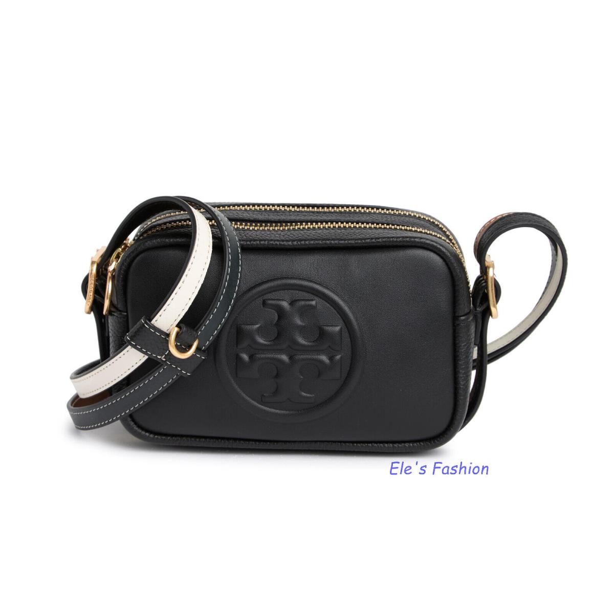 Tory Burch Perry Bombe Mini Leather Crossbody Bag w Double Straps Black