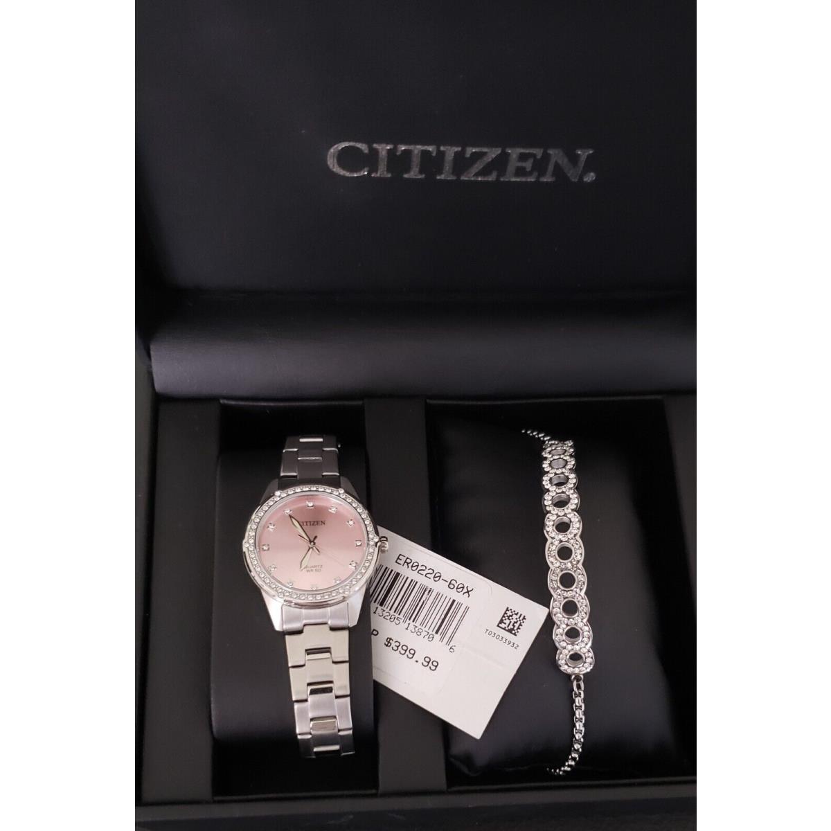 Citizen ER0220-60X Women`s Crystal Accent Pink Dial Silver Tone SS Set