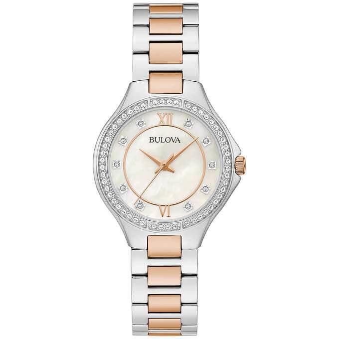 Bulova 98L294 Classic Stainless Mother-of-peal Dial Crystal Women`s Watch - Dial: Mother-of-Pearl, Band: Rose Gold & Silver, Bezel: Silver