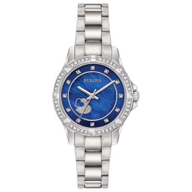 Bulova 96R238 Women`s Classic Crystal Stainless Steel Crystal Heart Dial Watch - Blue Dial, Silver Band, Silver Bezel