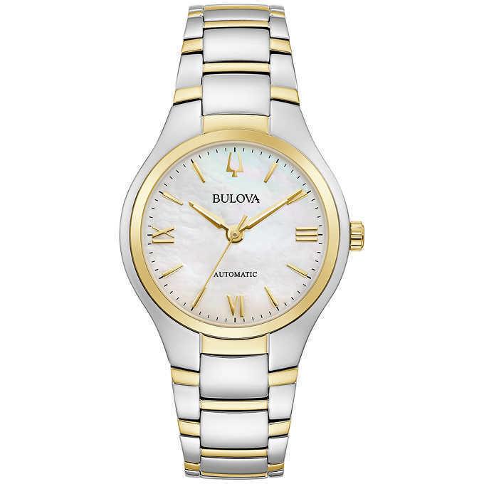 Bulova 98L297 Classic Stainless Mother of Pearl Dial Ladies Automatic Watch - White Mother-of-Pearl Dial, Gold Band, Gold Bezel