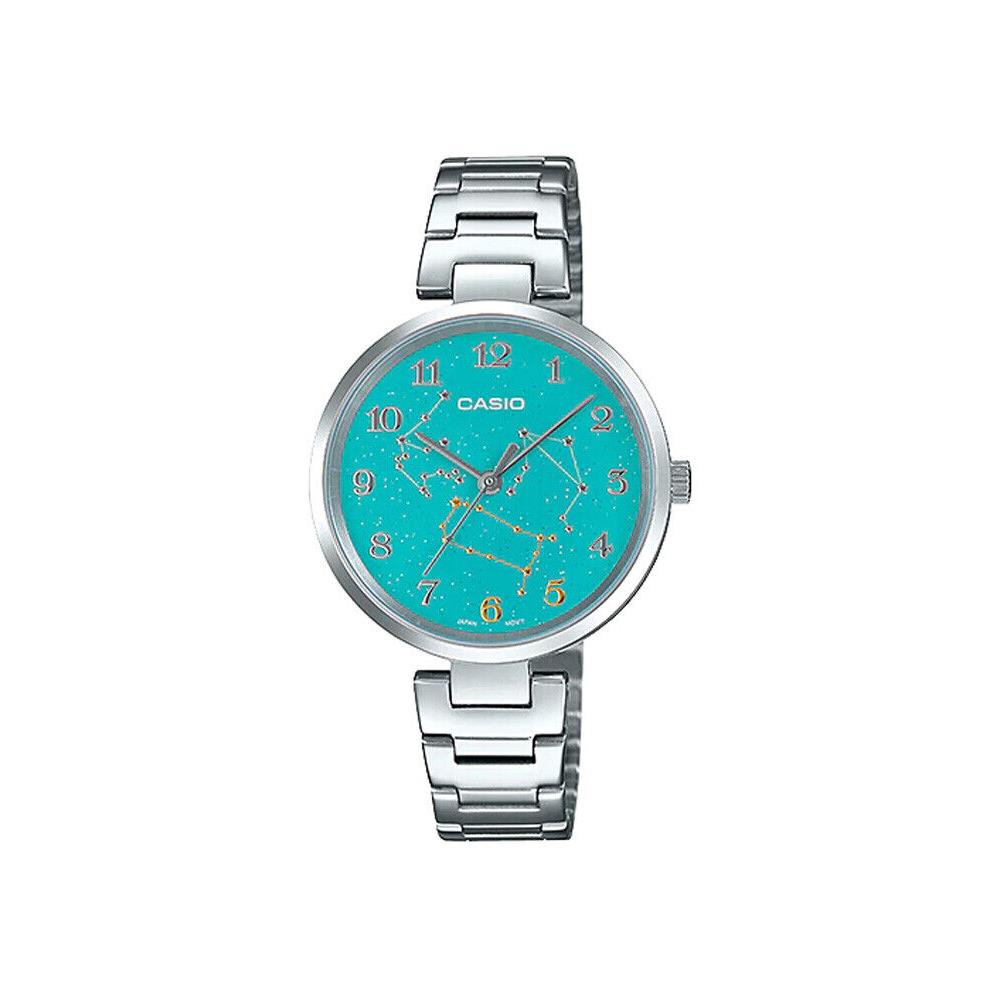 Casio LTP-E07D-3A Women`s Stainless Steel Green Gemini Zodiac Motif Dial Watch - Dial: Green, Band: Silver