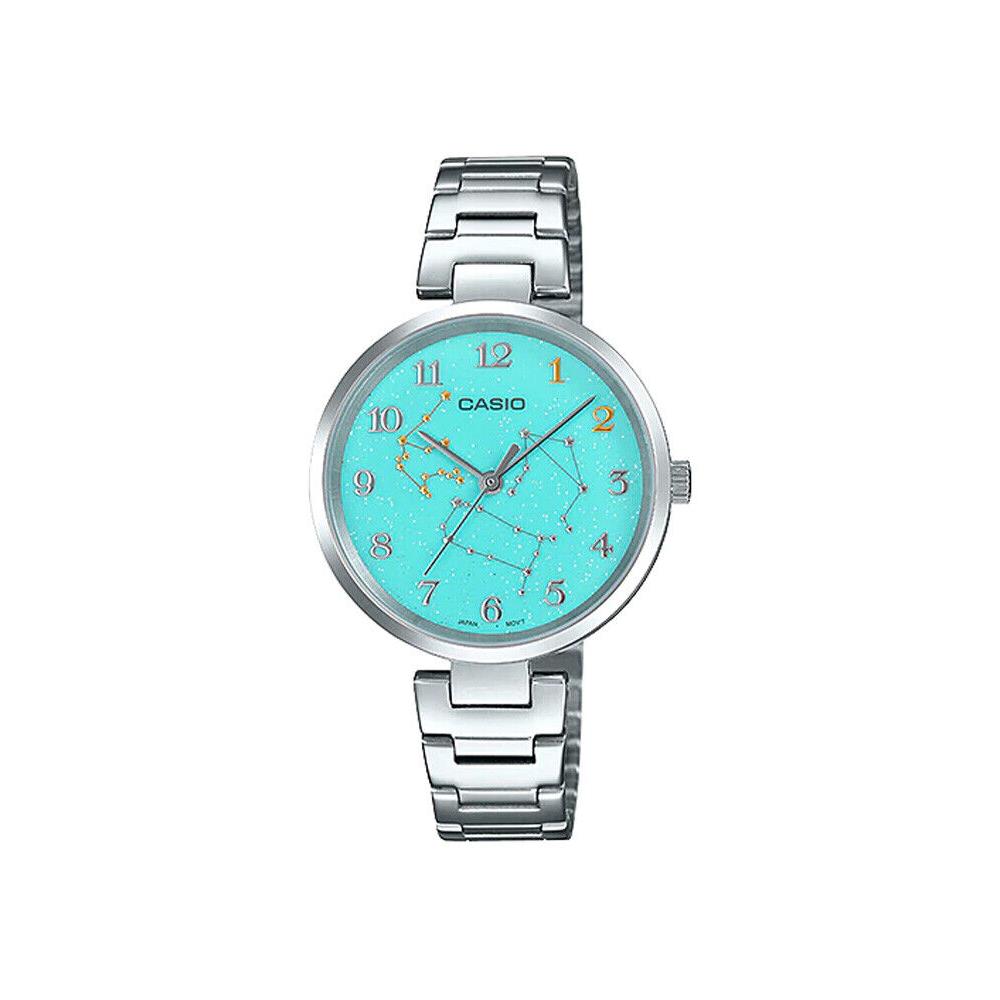 Casio LTP-E08D-3A Women`s Stainless Steel Green Aquarius Zodiac Motif Dial Watch - Dial: Green, Band: Silver