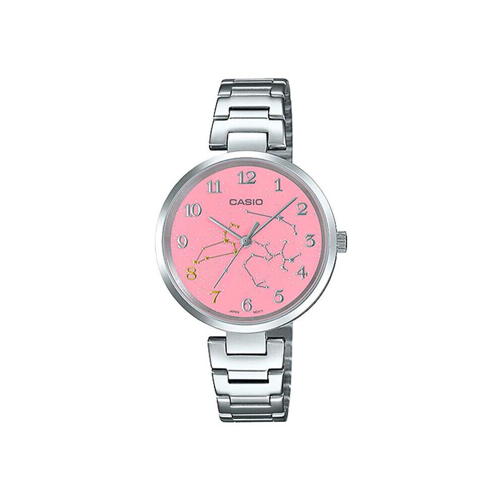 Casio LTP-E02D-4A Women`s Stainless Steel Pink Leo Zodiac Motif Dial Watch