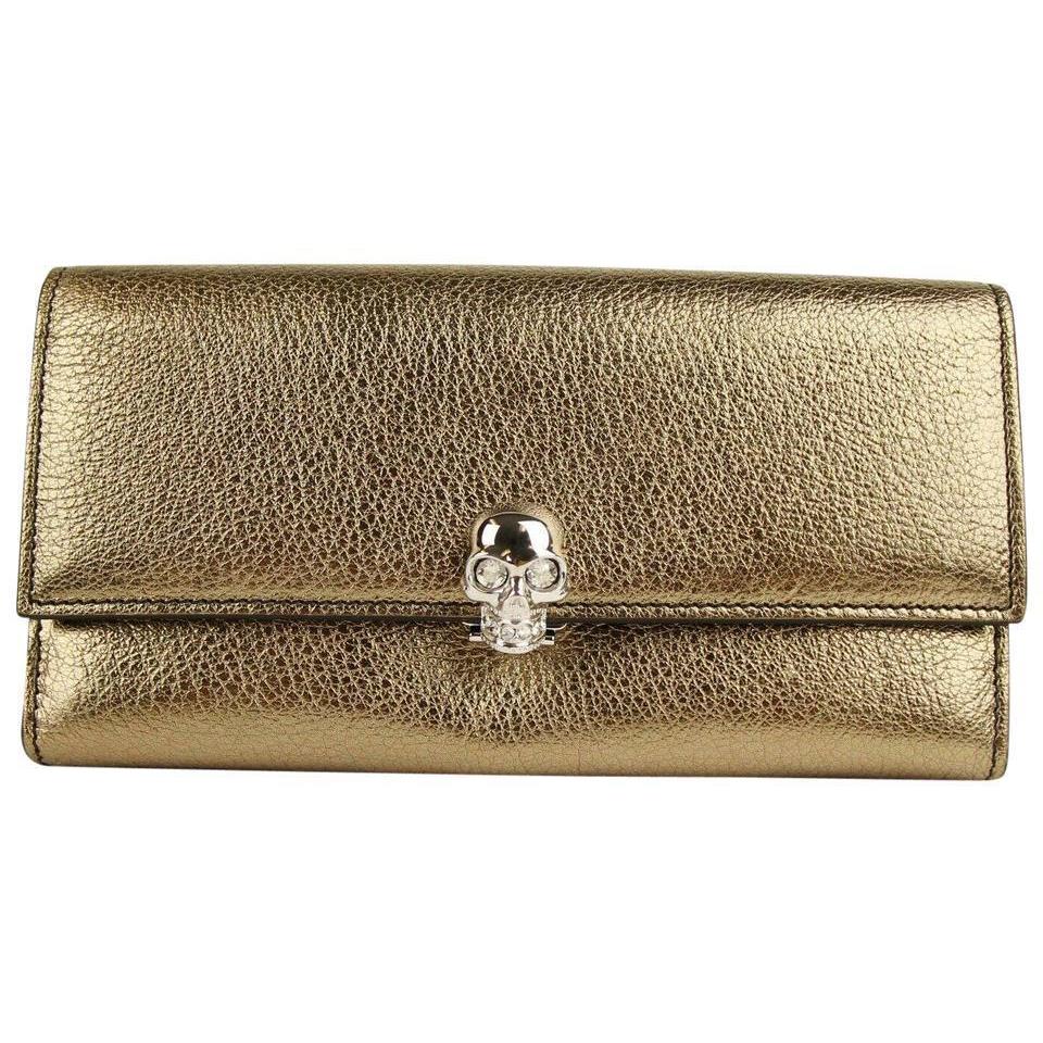 Alexander Mcqueen Gold Metallic Leather Flap Wallet W/skull 275330 7048