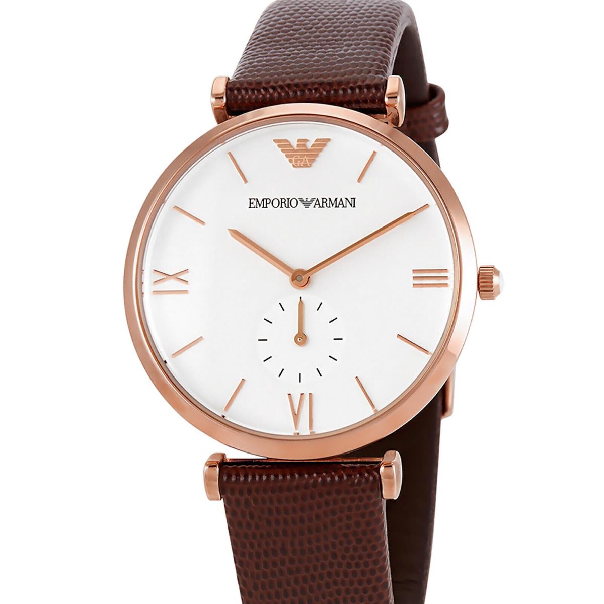 Emporio Armani Mens Retro T-bar Dress Watch Rose Gold White Dial Brown Leather - White Dial, Brown Band, Rose Gold Bezel