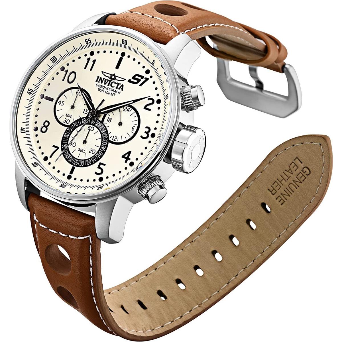 Invicta 48mm S1 Rally Chornograph Ivory Dial Silver Case Brown Leather Watch