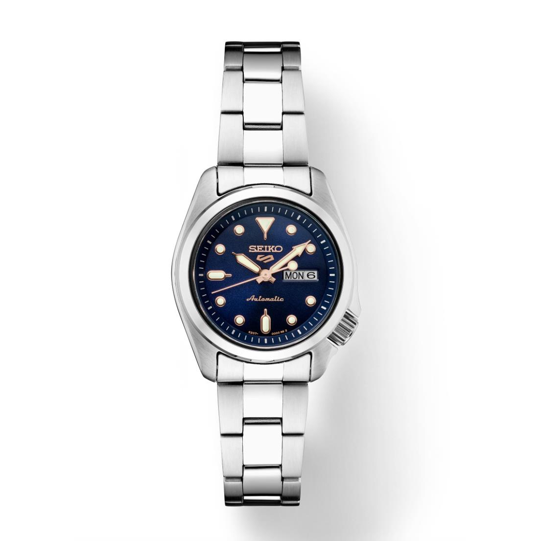 Seiko 5 Sports SRE003 28 mm Steel Blue Dial Day Date Automatic Women`s Watch - Dial: Blue, Band: Silver, Bezel: Silver