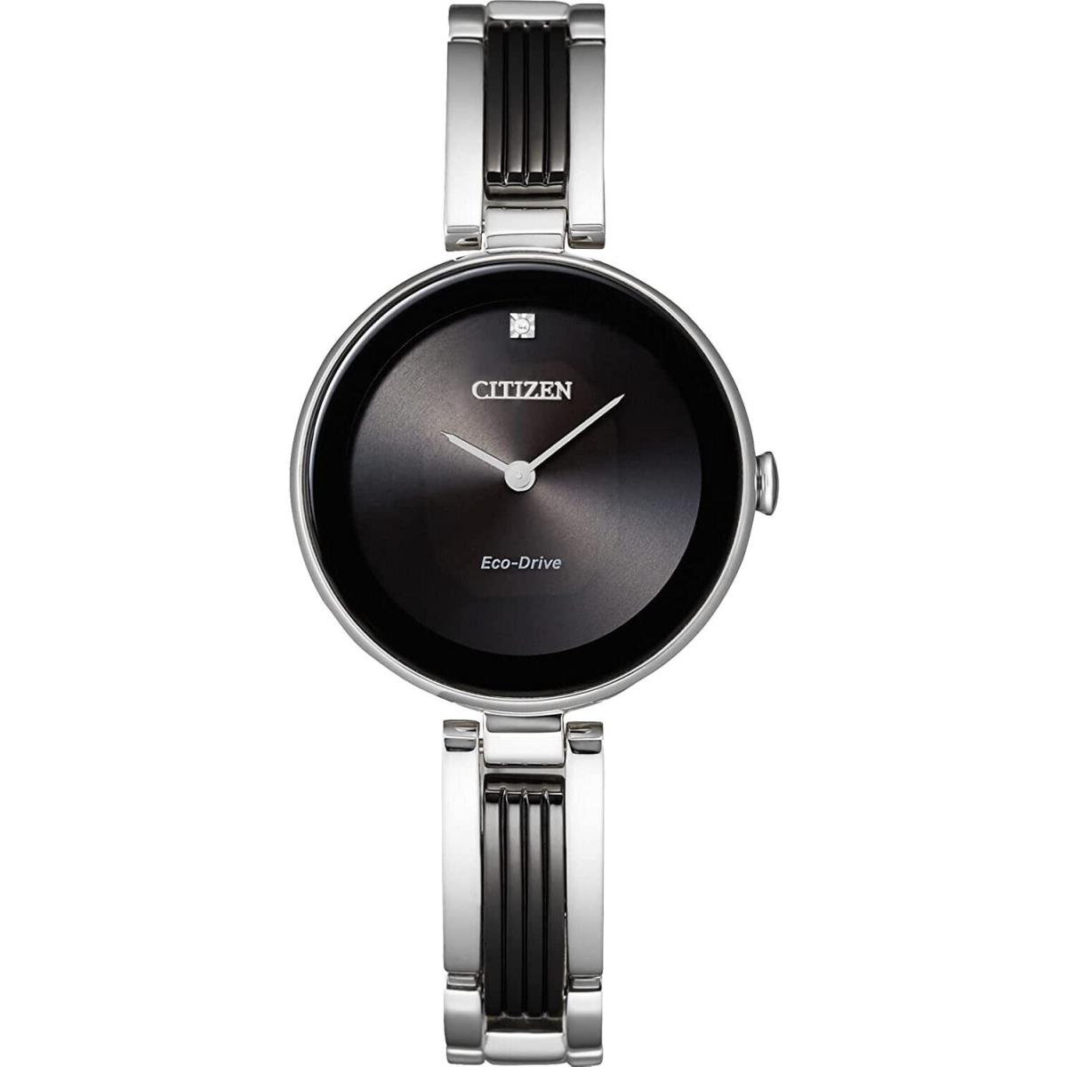 Citizen Eco-drive Axiom EX1538-50E Silver Tone Black Dial Womens Watch - Dial: Black, Band: Black, Silver, Bezel: Silver