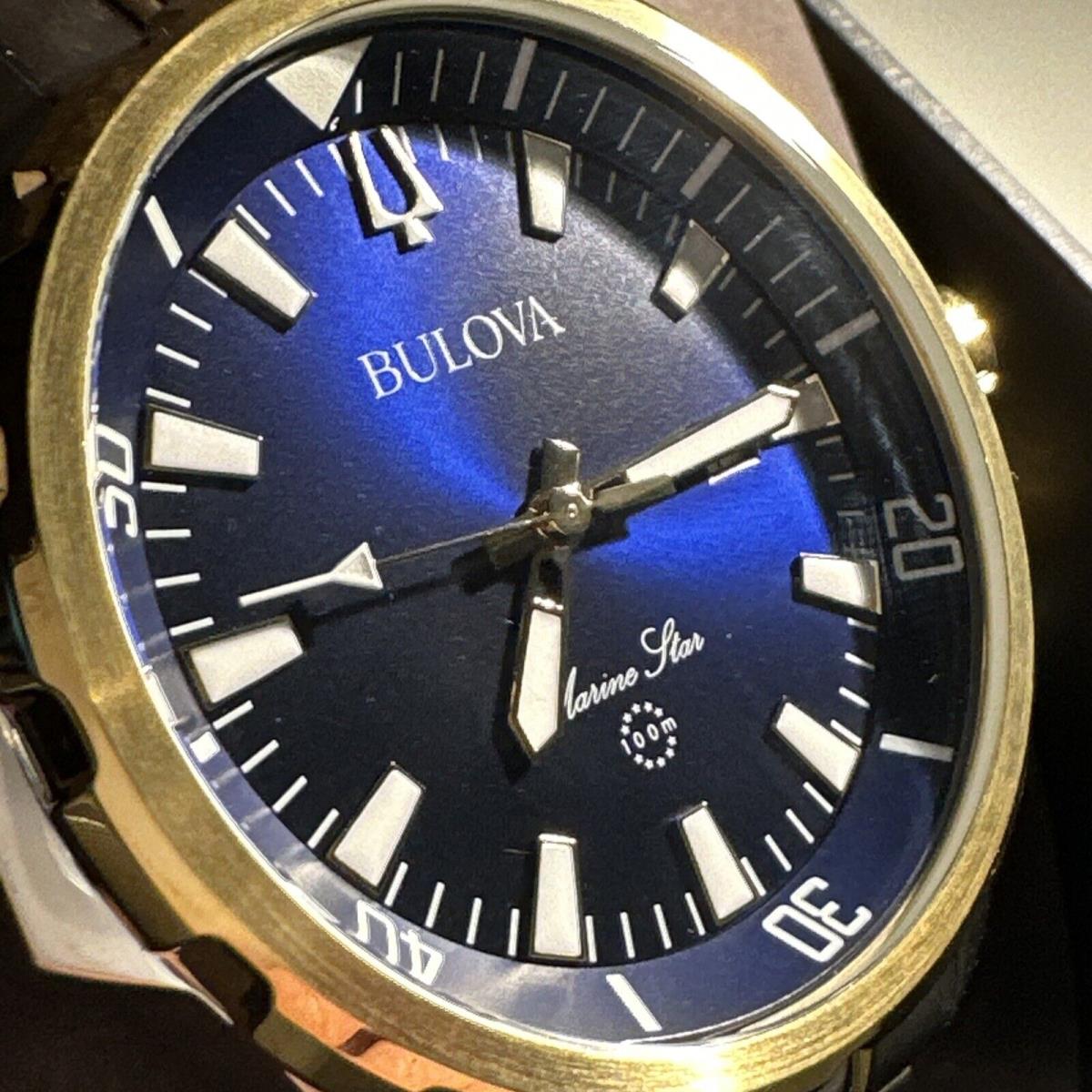 Bulova Marine Star Mens Two Tone Stainless Blue Dial Quartz Watch 98B384 - Dial: Blue, Band: Gold, Silver, Bezel: Gold