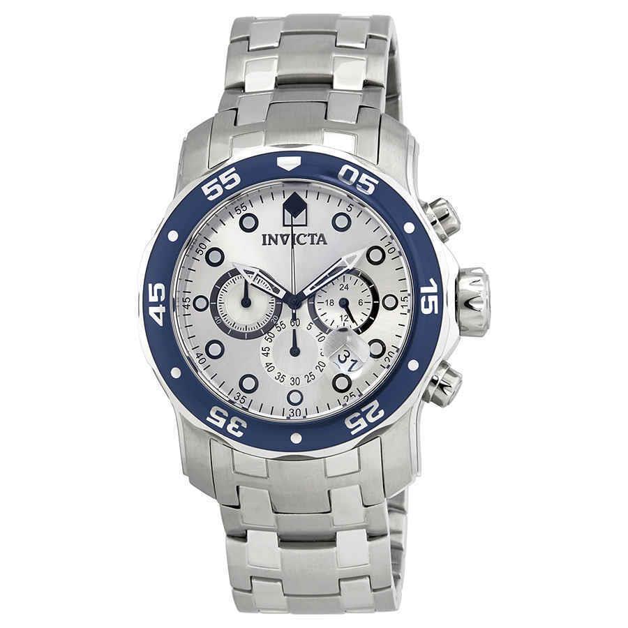 Invicta Pro Diver Chronograph Silver Dial Men`s Watch 80058 - Dial: Silver, Band: Silver-tone, Bezel: Silver-tone