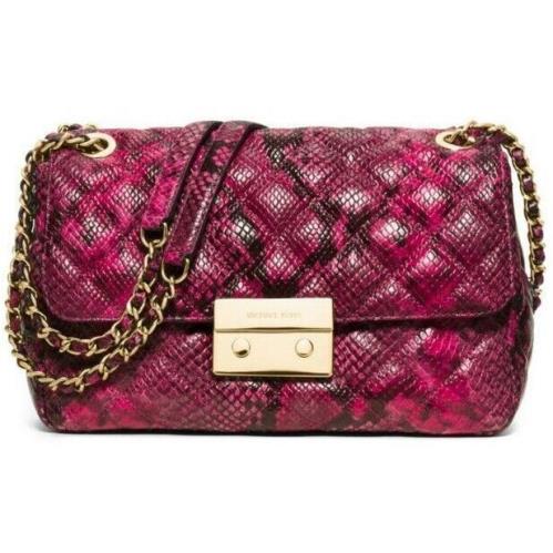 Michael Kors Sloan Fuchsia Pink Snake Leather LG Crossbody Shoulder Bag