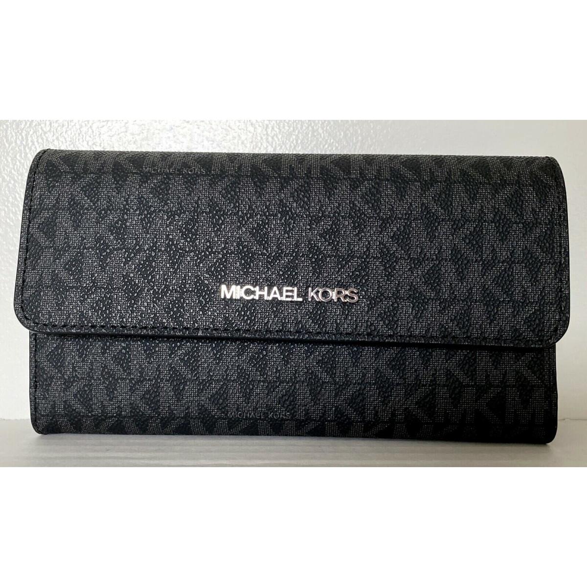 Michael Kors Jet Set Travel Large Trifold Wallet Pvc Black with Silver