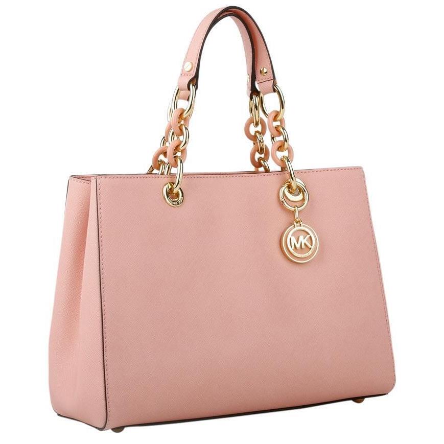 Michael Kors Cynthia Blossom Pink Gold Saffiano Leather Med Satchel Bag