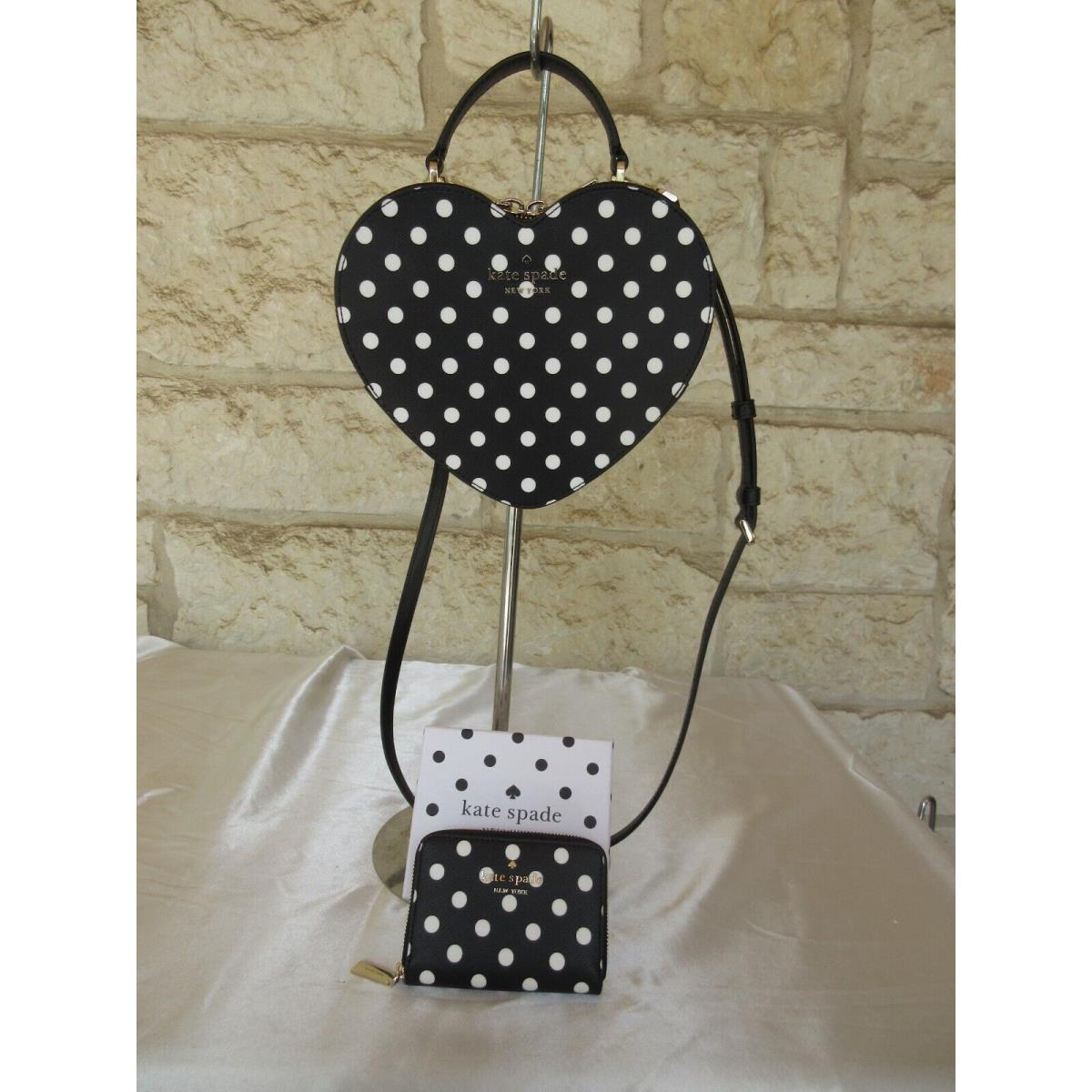 Kate Spade Heart SM Handbag X-body Polka Dot Black/white Bag+wallet Set Option Bag+Wallet SET Black/white SM Heart