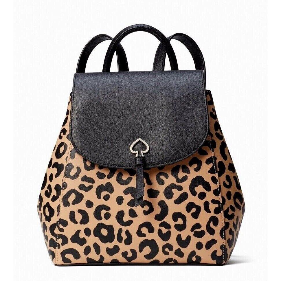 New Kate Spade Adel Leopard Print Medium Flap Backpack Leather Neutral Multi