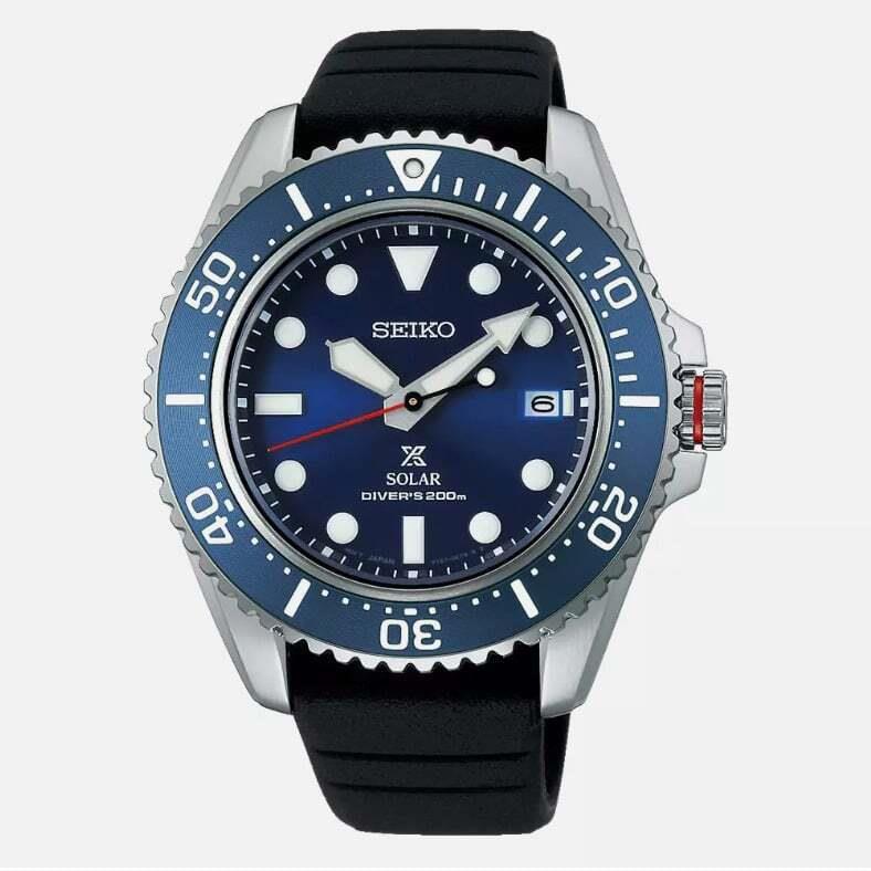 Seiko Mens Solar Diver Blue Dial Black Strap Watch Sne593